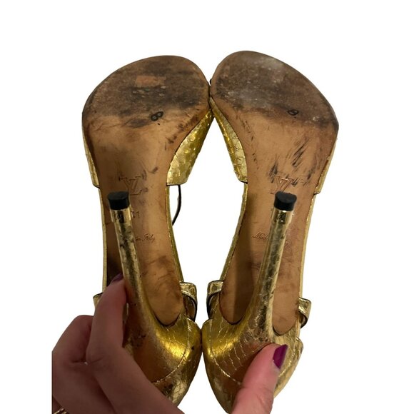 LOUIS VUITTON Gold Snake Print Leather Heels Size 41 - Picture 5 of 10